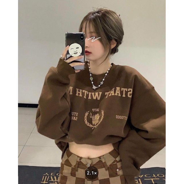 Áo Nỉ Nâu Start With Me Nữ[FREESHIP]Sweater from rộng tay bồng trendy