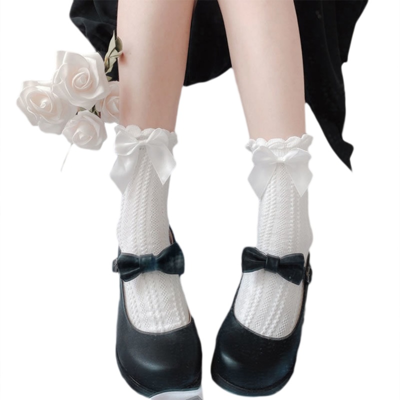 Đôi Vớ Dệt Kim Đính Nơ In Họa Tiết Trái Tim Phong Cách Lolita Nhật Bản Dành Cho Nữ