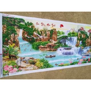Tranh thêu chữ thập sơn thủy hữu tình (200*90) có ảnh hộp thật