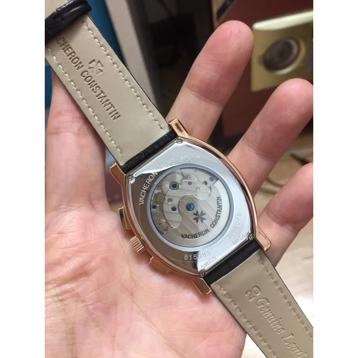 Đồng hồ Nam Vacheron constantin cơ bầu tự động 6kim trăng sao size 40-41 dây da vỏ vàng hồng mặt đen