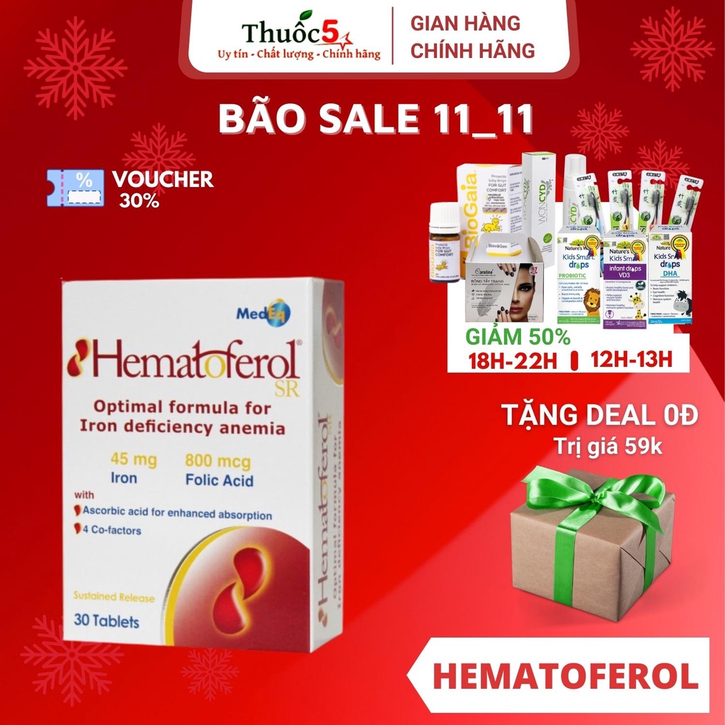 [GIÁ GỐC] Hematoferol – sắt, acid folic cho mẹ và bé, hộp 30 viên