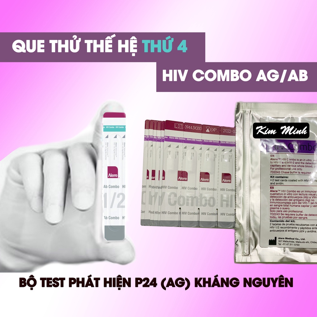 Que test HIV Alere combo Ag/ab phát hiện sớm 14 ngày kết quả chính xác hơn 95% , lấy mẫu máu đầu ngón tay
