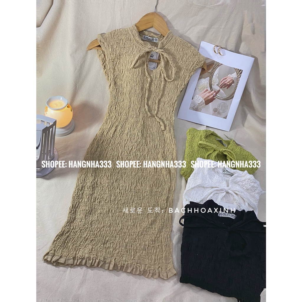 NEW ARRIVAL || Đầm body Xốp nhún cột nơ cổ cực sang chảnh nhiều màu mùa hè Ulzzang basic