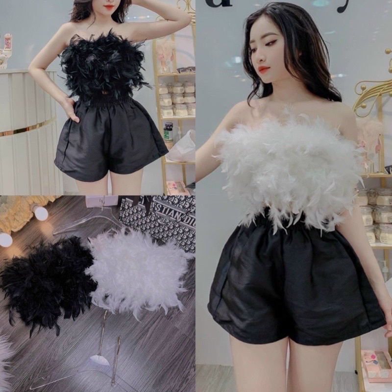 Áo ống đính lông 2 màu đen trắng