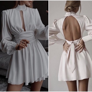 Váy đầm cổ 3 phân khoét lưng xẻ ngực thắt cột nơ sexy chất liệu lụa - by CBS