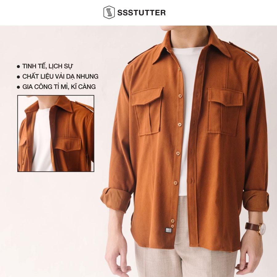 Áo sơ mi nam dài tay 2 túi ngực điểm nhấn cầu vai áo SSSTUTTER 2 màu Patch shirt
