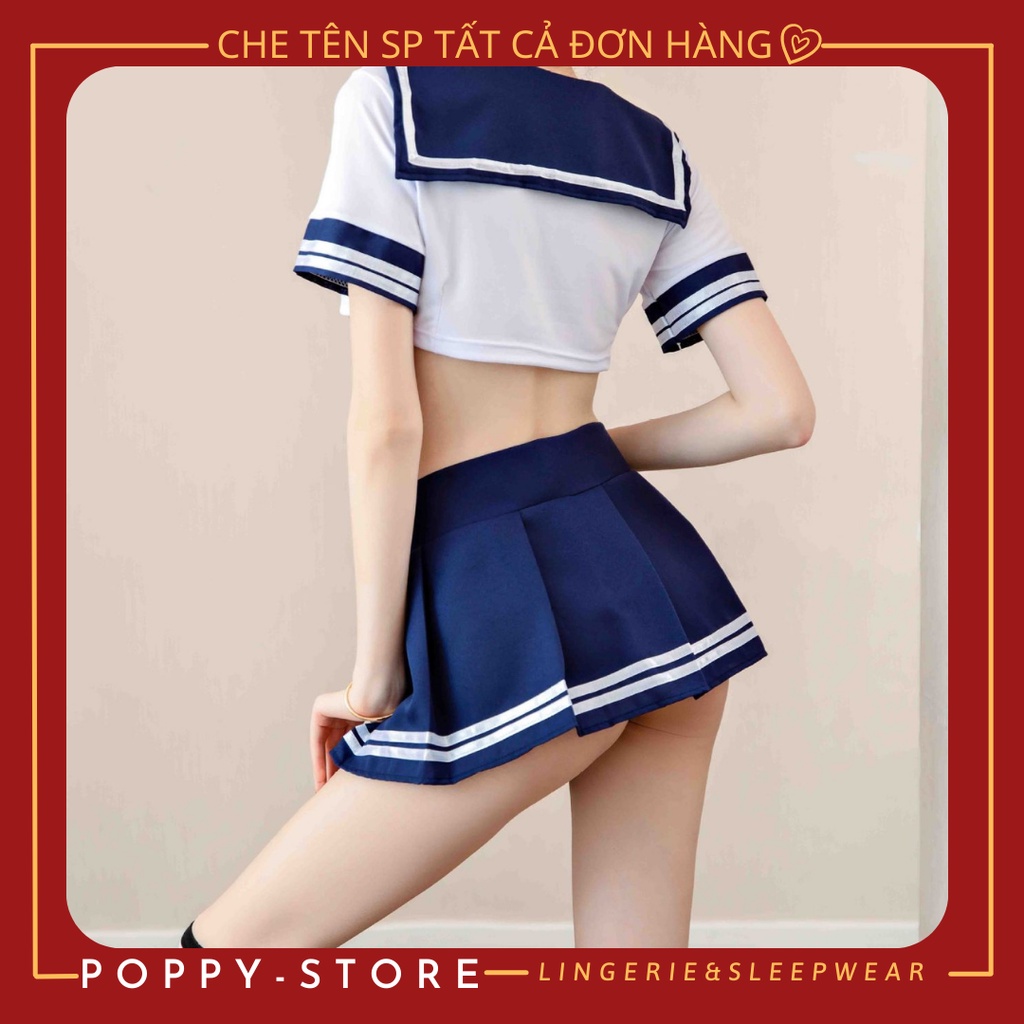 Đồ cosplay sexy gợi cảm nữ sinh nhật bản ,set đồ ngủ cosplay gồm áo croptop và váy kèm quần lọt khe với màu trắng - xanh