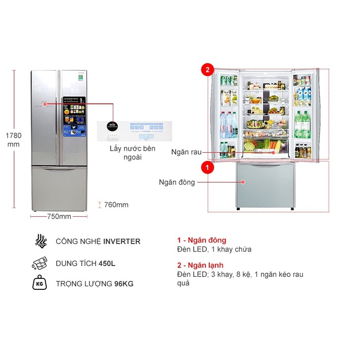 Tủ lạnh Hitachi Inverter 429 lít R-FWB545PGV2(GS) (Miễn phí giao tại HCM-ngoài tỉnh liên hệ shop)