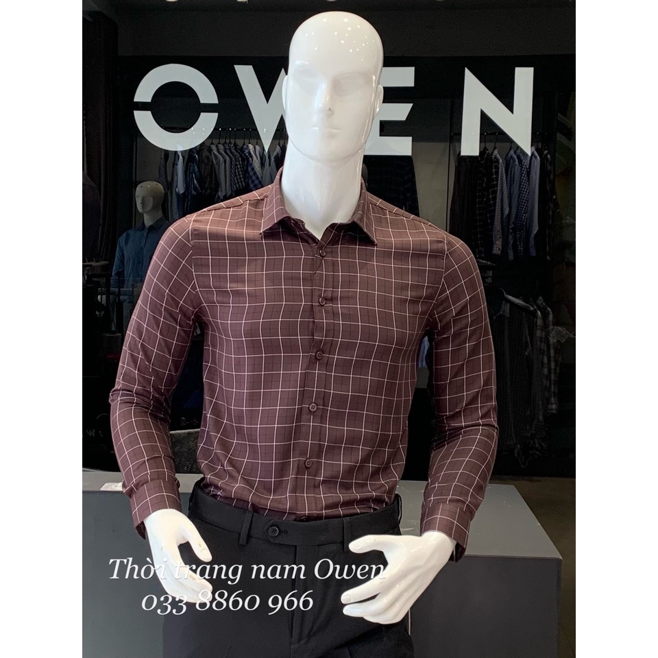 OWEN - Áo sơ mi dài tay Owen Slimfit chất sợi tre kẻ ca rô màu nâu 61012