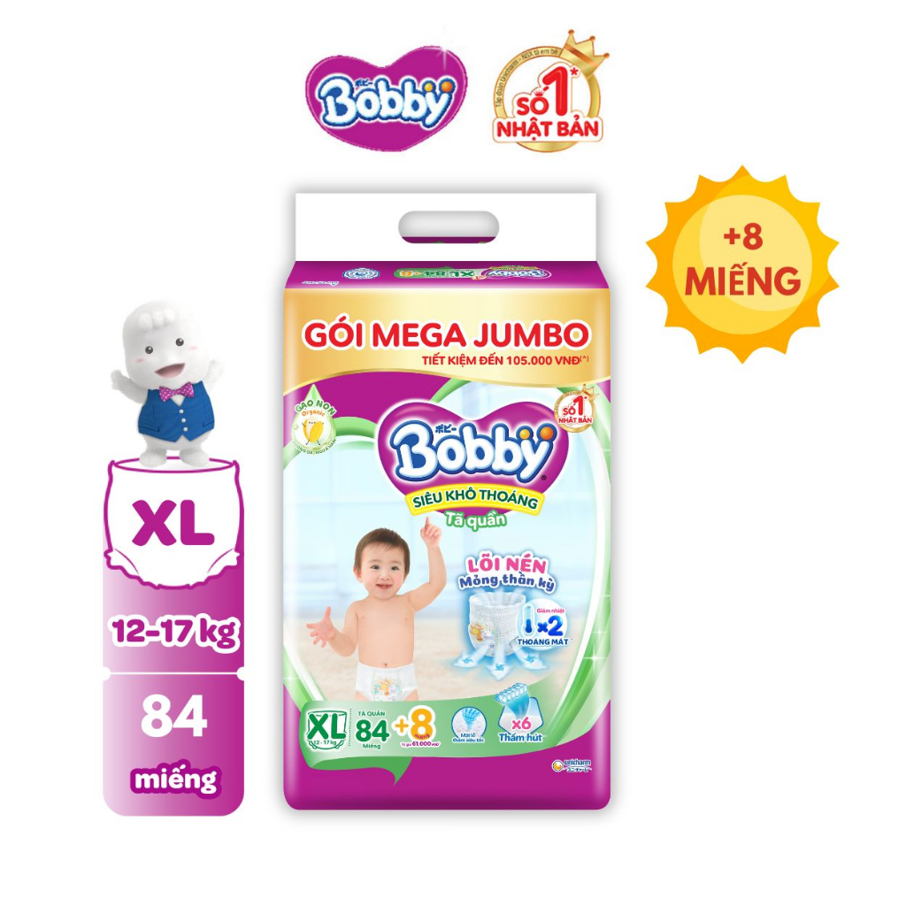 Tã/bỉm quần Bobby 3mm Mega Jumbo Gạo non Giảm nhiệt M112/L96/XL84/XXL76