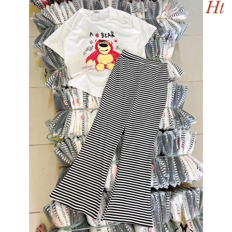 Sét áo gấu dâu hồng+quần loe kẻ HT12