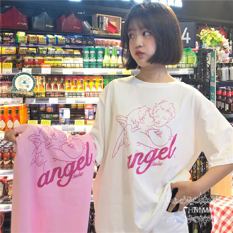 Áo thun hè Unisex tay lỡ form thụng in Angel