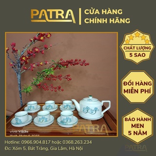 Bộ ấm chén uống trà cao cấp , bộ ấm trà Bát Tràng men kem họa tiết hoa sen xanh