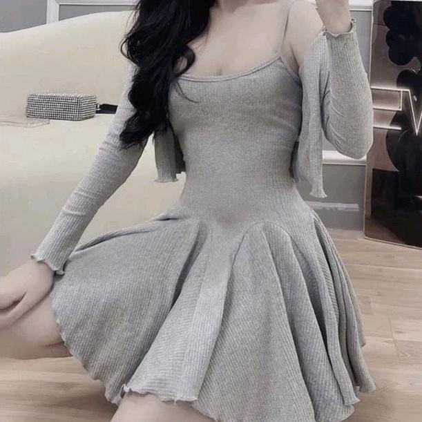 Sét đầm xoè dây from ngắn + áo khoác hót