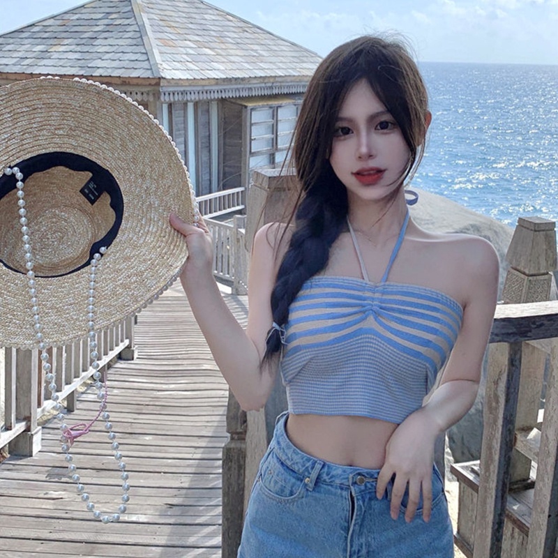 Áo Croptop Dệt Kim Trễ Vai Không Tay Họa Tiết Kẻ Sọc Mini Cổ Chữ V Gợi Cảm Cho Nữ