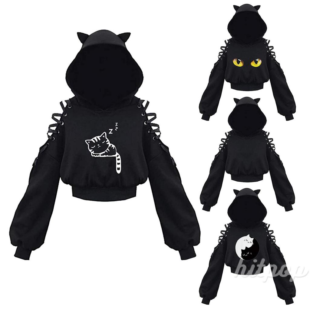 Áo hoodie tay dài hở rốn in họa tiết đáng yêu độc đáo thời trang dành cho nữ