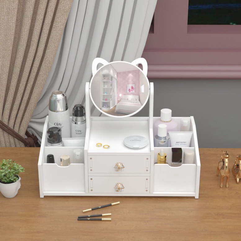 Tủ Để Đồ Trang Điểm Mini🍀FREESHIP🍀 kệ đựng mỹ phẩm mini có gương tai mèo,Hộp Mỹ Phẩm Thiết Kế Sang Chảnh