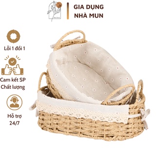 Giỏ mây đựng đồ, đựng mỹ phẩm, đi picnic, Giỏ lót vải Hình Bầu Dục CÓ QUAI Decor vintage