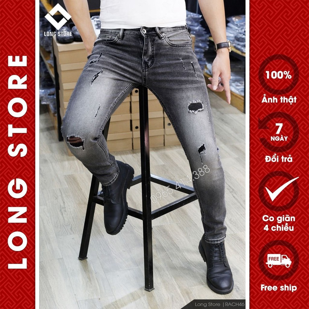 Quần jean nam đen xám rách gối cao cấp chất bò co giãn ống đứng dáng ôm skinny đẹp LONGSTORE Rach46