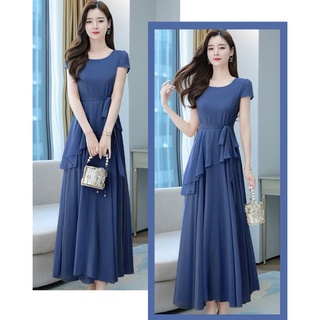 Đầm xòe dài phối tà xéo thắt eo 2049
