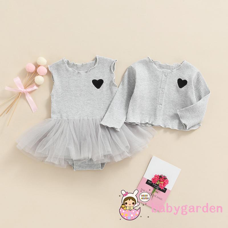 Bộ 2 món đầm liền thân không tay thêu hình trái tim và áo khoác tay dài thời trang cho bé gái