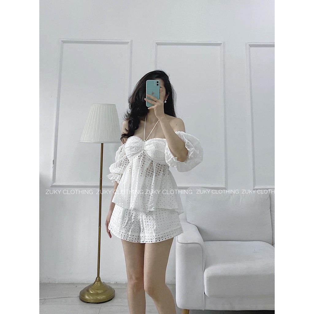 Sét ren ngắn cột dây nơ Zuky màu trắng | BigBuy360 - bigbuy360.vn