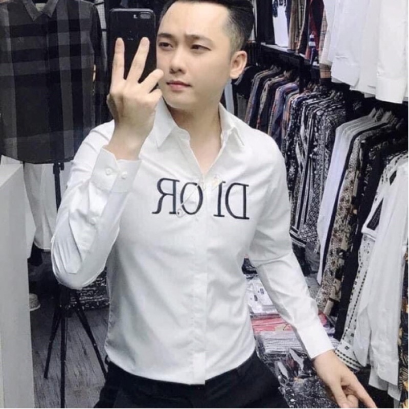 Áo sơ mi nam tay dài phối in chữ DIOR form ôm dáng hàn quốc chất vải lụa xuất xịn thấm hút mồ hôi thoáng mát