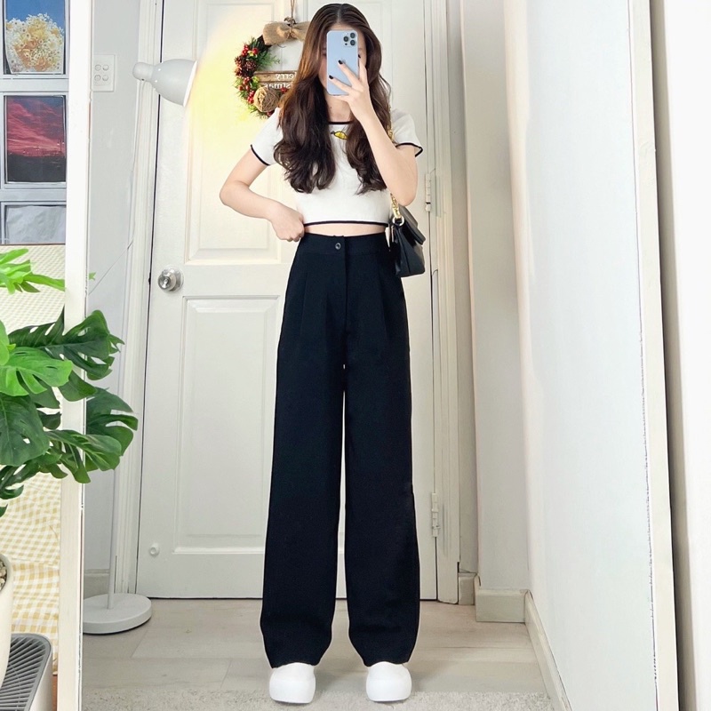 Quần culottes cạp cao - quần ống rộng 1 khuy