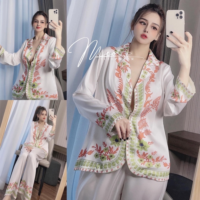 PIJAMA DÀI TRẮNG VÒNG NGUYỆT QUẾ XINH