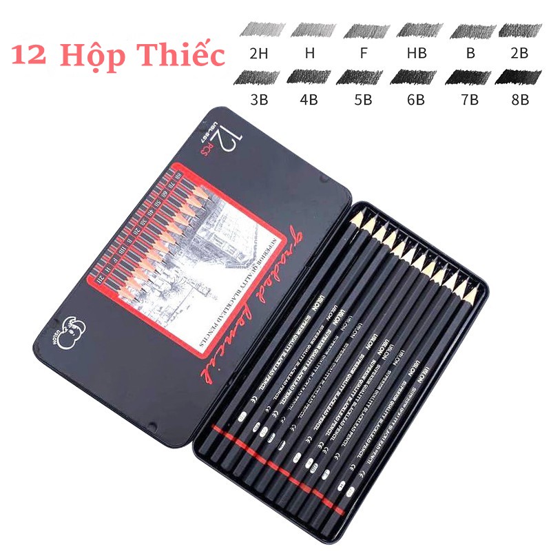  12 Chiếc Bút Chì Phác Thảo Bộ 2H-8B Bộ Hộp Sắt Vẽ Tranh
