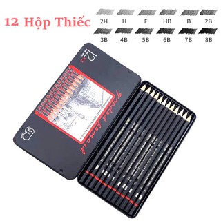 12 Chiếc Bút Chì Phác Thảo Bộ 2H-8B Bộ Hộp Sắt Vẽ Tranh