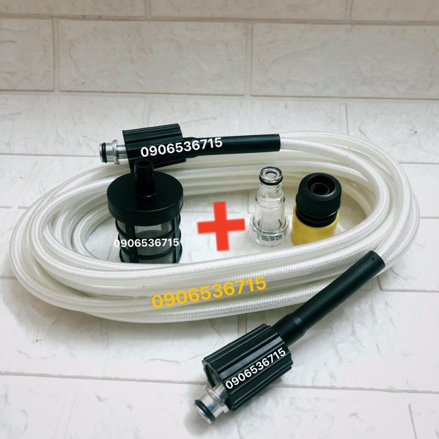 Combo dây rửa xe cao áp 7M và 15M  cút lọc trắng và khớp nối vàng tặng kèm lọc rác