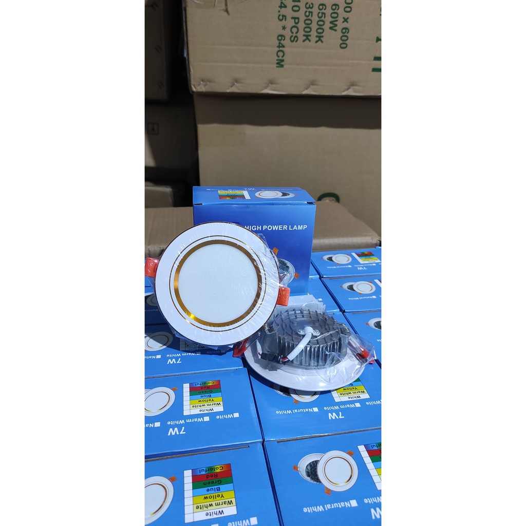 Đèn led âm trần led, đèn mắt trâu 7w mặt 120 khoét lỗ phi 90 3 chế độ viền vàng, viền bạc