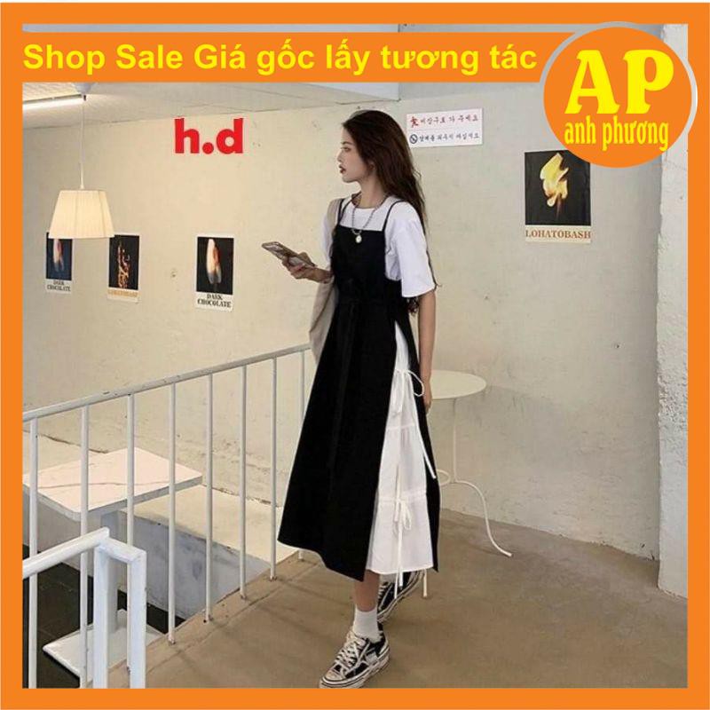 [Mã FAMAYWA2 giảm 10K đơn 50K] Sét Váy 2 dây đi biển buộc eo Vintage Tiểu thư + áo thun trắng phong cách Hàn Quốc