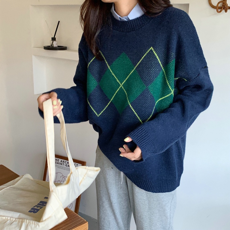 Áo len SUXI cổ tròn dáng rộng họa tiết sọc caro thiết kế mới thời trang mùa thu theo phong cách hàn quốc cho nữ