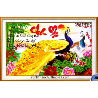 Tranh đá Cha mẹ 2 con công vàng DF284 (tự làm)