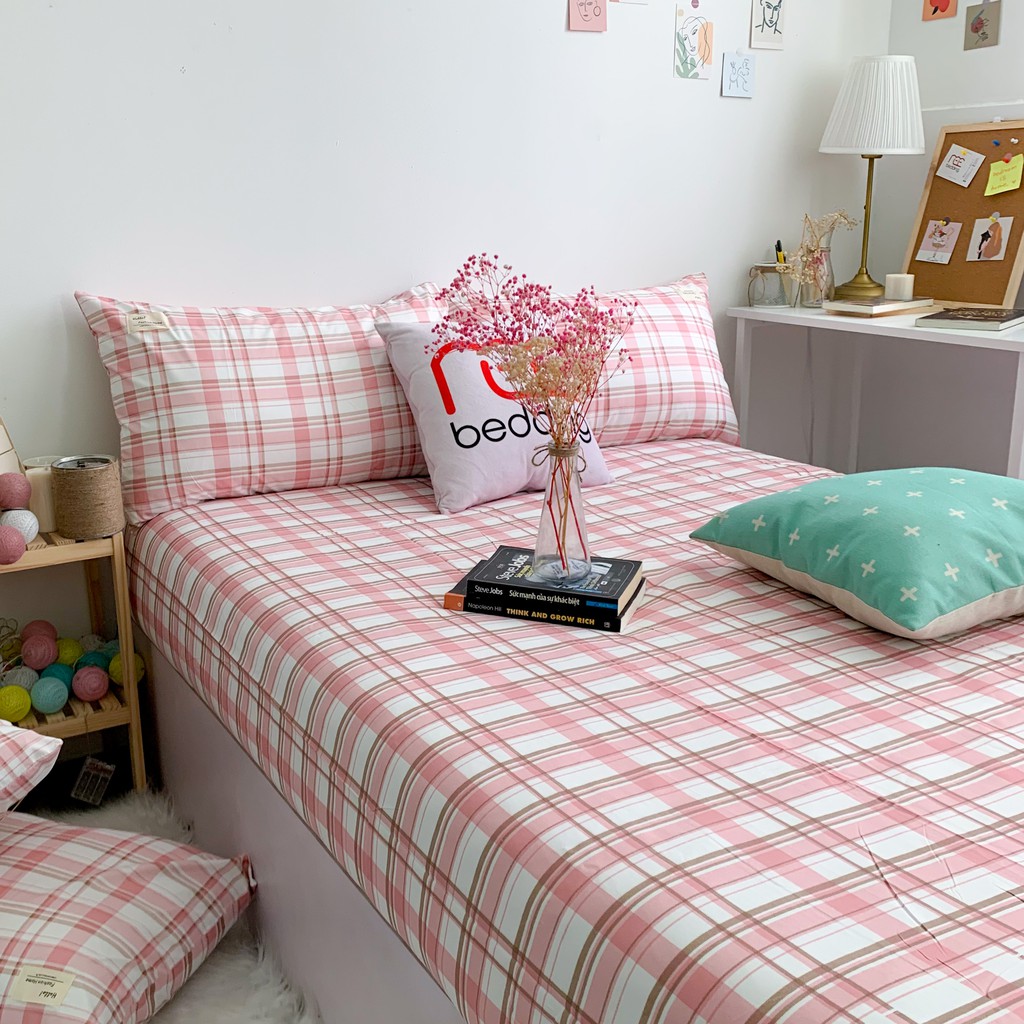 Bộ ga giường và vỏ gối cotton tc REE Bedding CTC44 sọc caro đủ size nệm 1m2, 1m4, 1m6, 1m8, 2m cực đẹp