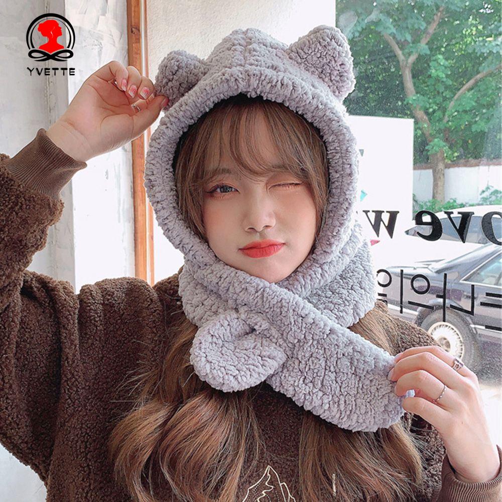 Mũ Trùm Đầu Che Tai Giữ Ấm Chống Gió Đính Tai Gấu Bông Nhiều Màu Dễ Thương Thời Trang Mùa Đông Cho Nữ