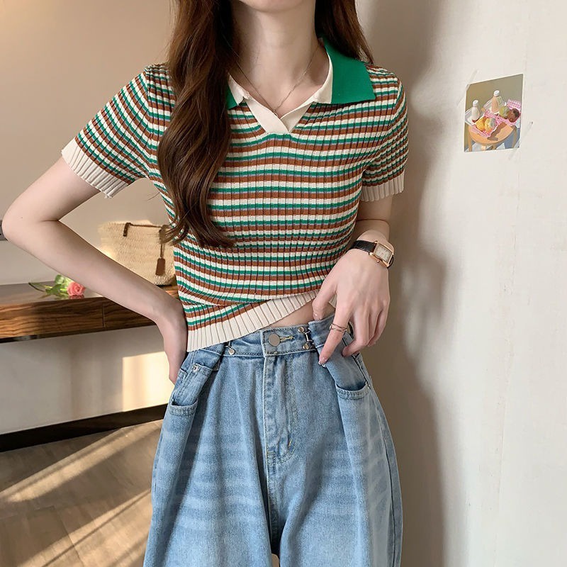 Áo Thun POLO Dệt Kim Tay Ngắn Kẻ Sọc Màu Sắc Tương Phản Dễ Thương