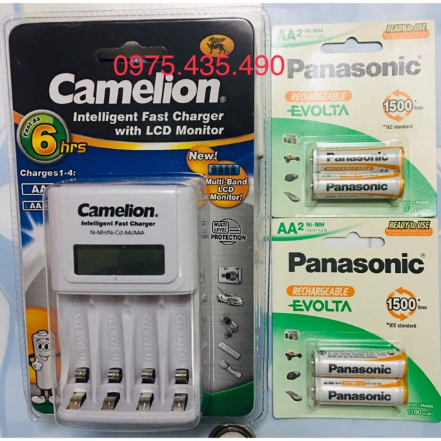 Combo Bộ Sạc Nhanh Có Màn Hình Camelion Kèm 4 Viên Pin Sạc AA Panasonic Chính Hãng