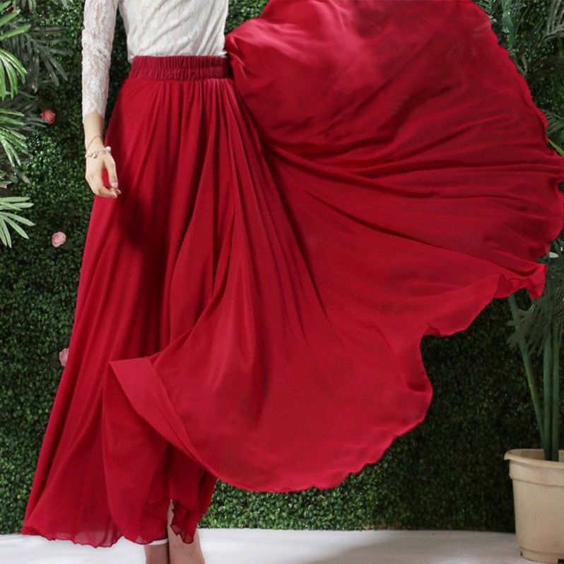 Chân Váy Xòe Chiffon Lưng Cao 8m 540 Độ Màu Đỏ Phong Cách Trung Hoa