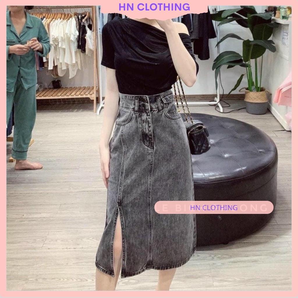 Chân váy jean dài chữ A kẻ tà lưng cao hàn quốc chân váy bò dài qua gối sang chảnh HN Clothing CV3