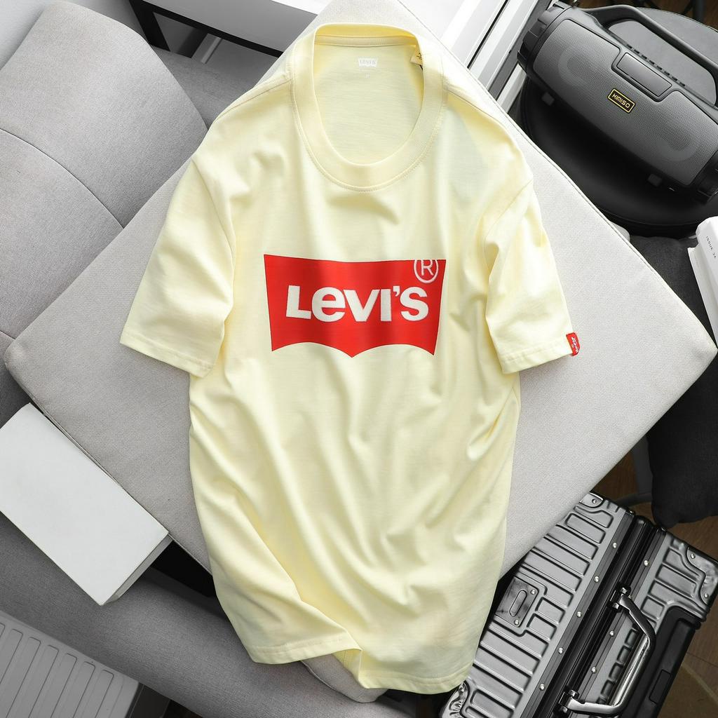 Áo thun ngắn tay cổ tròn cotton 2 chiều Le-vis Logo in nhung unisex