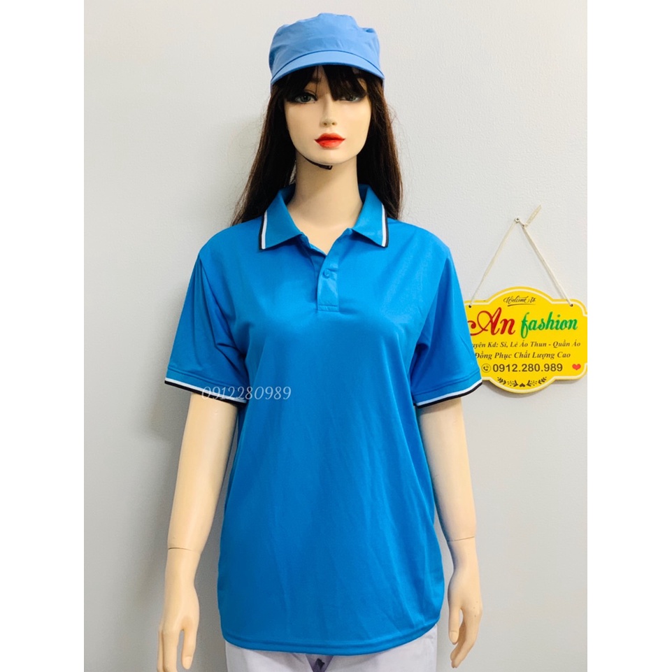 Áo thun có cổ màu xanh nhạt vải cá sấu mè nhẹ mát cho nam nữ _ Hình chụp thật