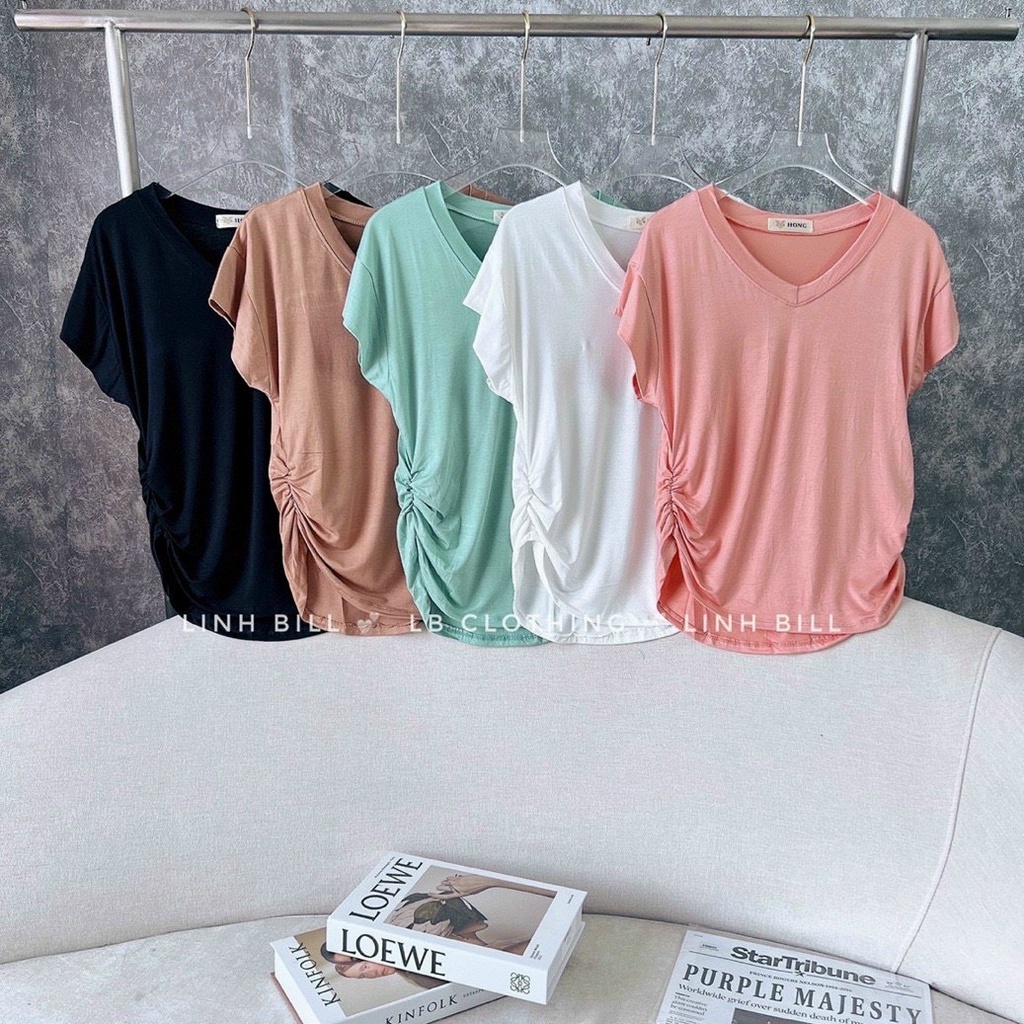 Áo Thun cổ tim chất tăm lạnh co dãn 4 chiều, cổ tay gấp tạo kiểu 2 dây rút bên sườn - thoyeufashion M01