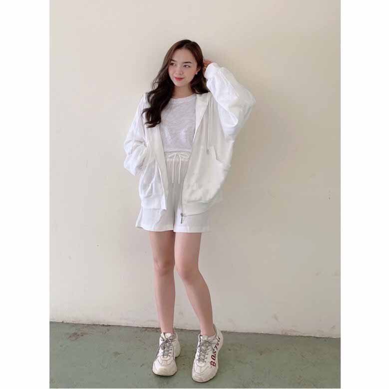 Set bộ áo kèm quần sọt đùi nhung tăm ⚡️ HÓT NHẤT NĂM ⚡️ màu xanh đen trắng form rộng oversize dành cho nữ thu đông