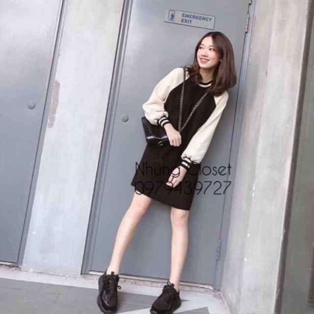 Đầm_thu- VÁY SUÔNG UMI PHA TAY TRẮNG VIỀN CỔ hàng may kĩ