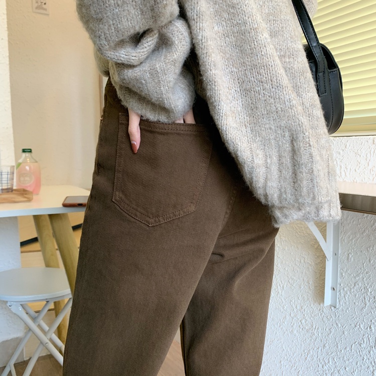 Kumi.vn SẴN quần jeans nâu ống suông cạp cao