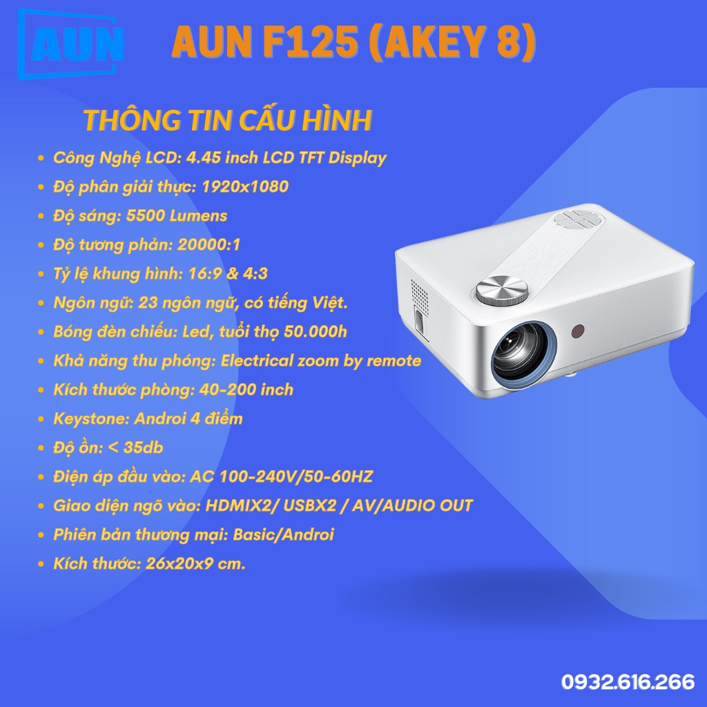 Máy Chiếu AUN F125 - Akey 8 - Fullhd 1080 - Bảo Hành 12 Tháng