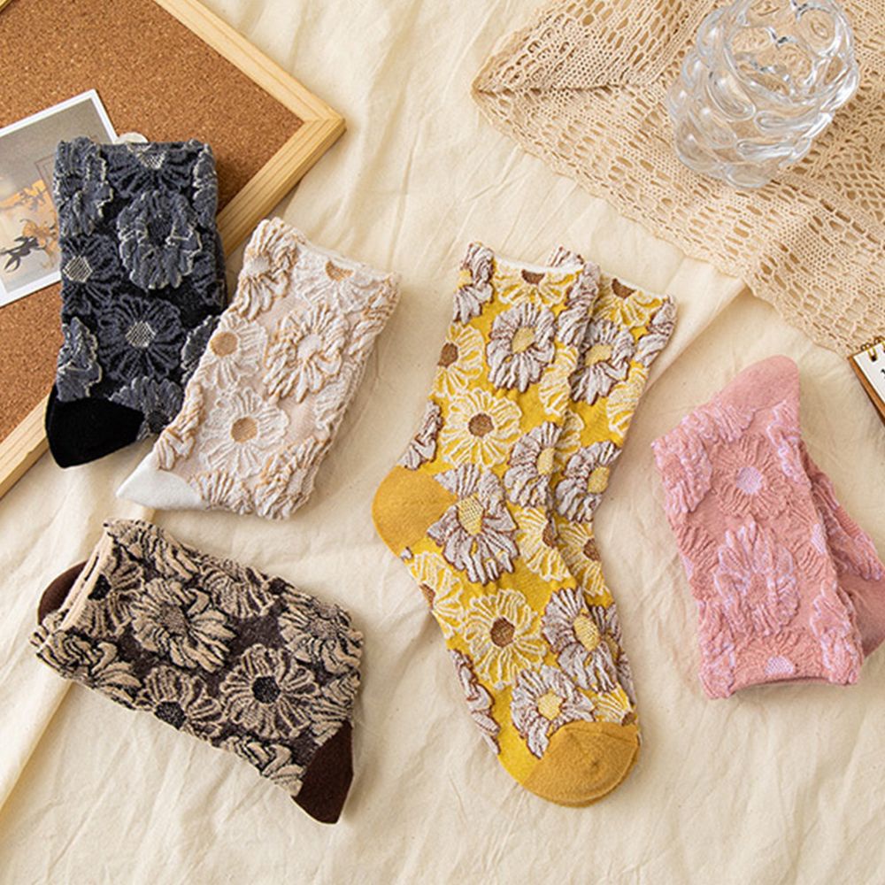 Vớ cotton cổ trung ba chiều màu trơn hình hoa hướng dương thời trang Hàn Quốc cổ điển cho nữ